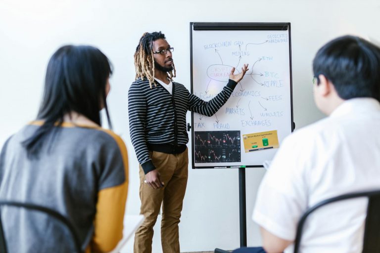 Diverse team discusses cryptocurrency strategies using a whiteboard during a meeting.